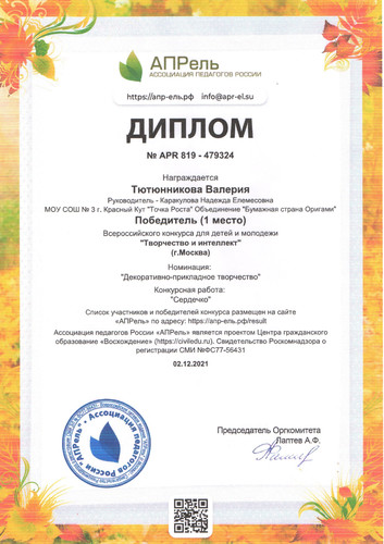 Всероссийский конкурс для детей и молодежи Творчество и интеллект Диплом 1 место
